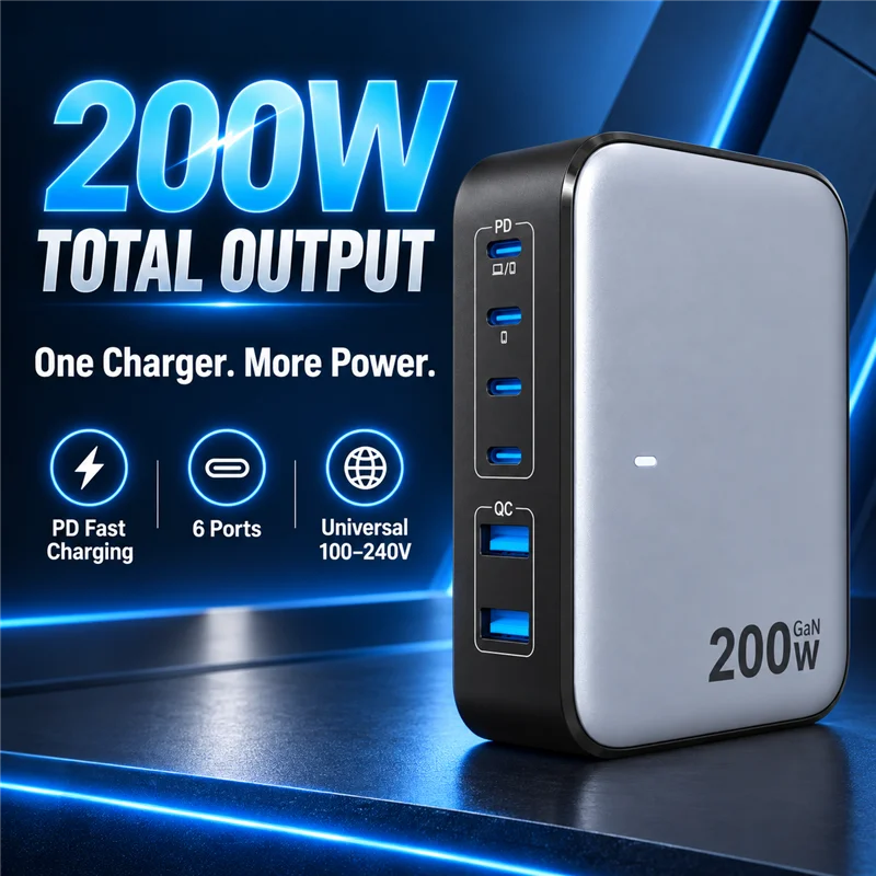 Desktop Charger With Five USB Ports For Phones And Laptops