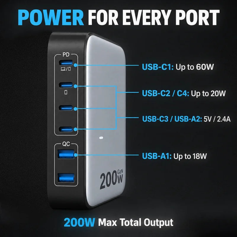 Desktop Charger With Five USB Ports For Phones And Laptops