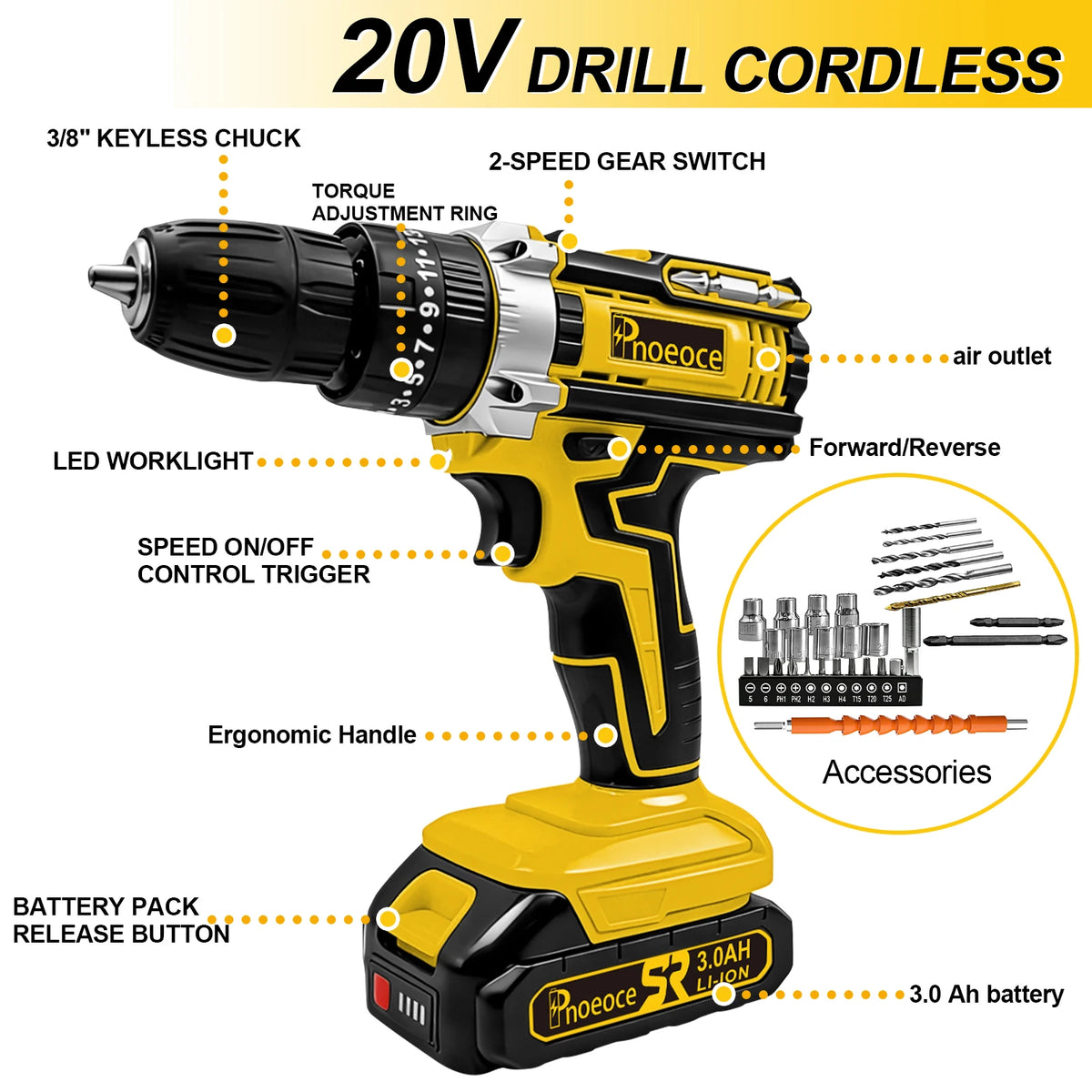 RHOVIXSTAR Cordless Drill Set With 42Nm Torque Two Speed Control