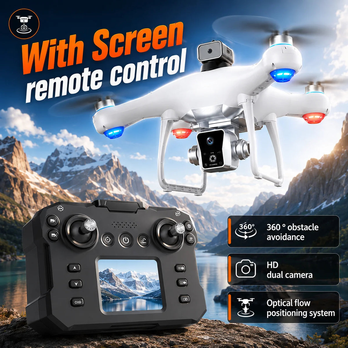 ZNLYRION Brushless Drone With Screen Remote and Dual HD Cameras