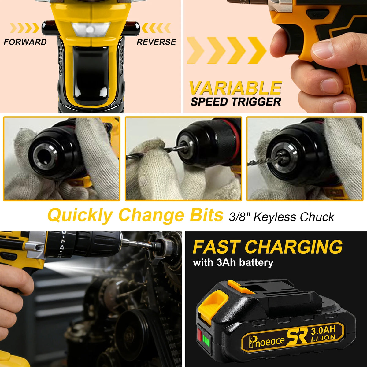 RHOVIXSTAR Cordless Drill Set With 42Nm Torque Two Speed Control