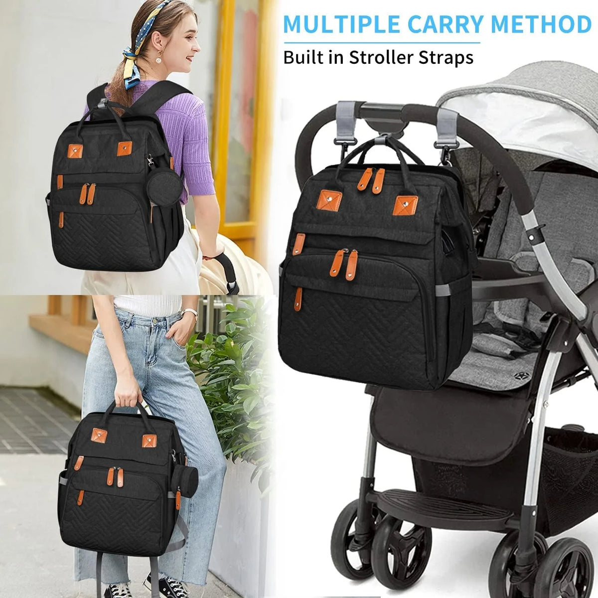 Diaper Backpack With Foldable Changing Bed And Insulated Bottle Pocket