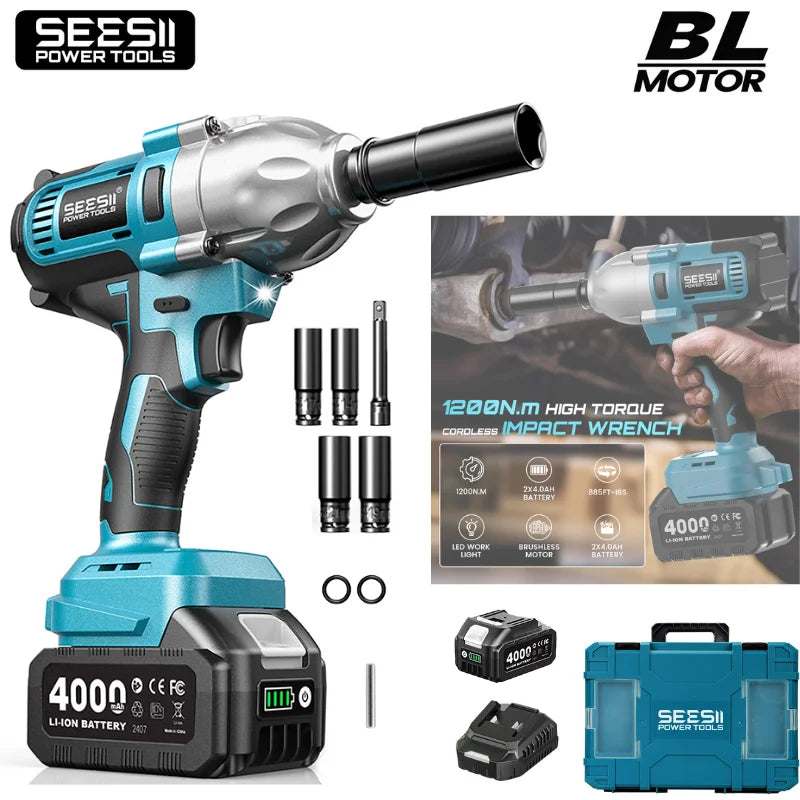 Seesii Brushless Cordless Impact Wrench With LED Light Kit