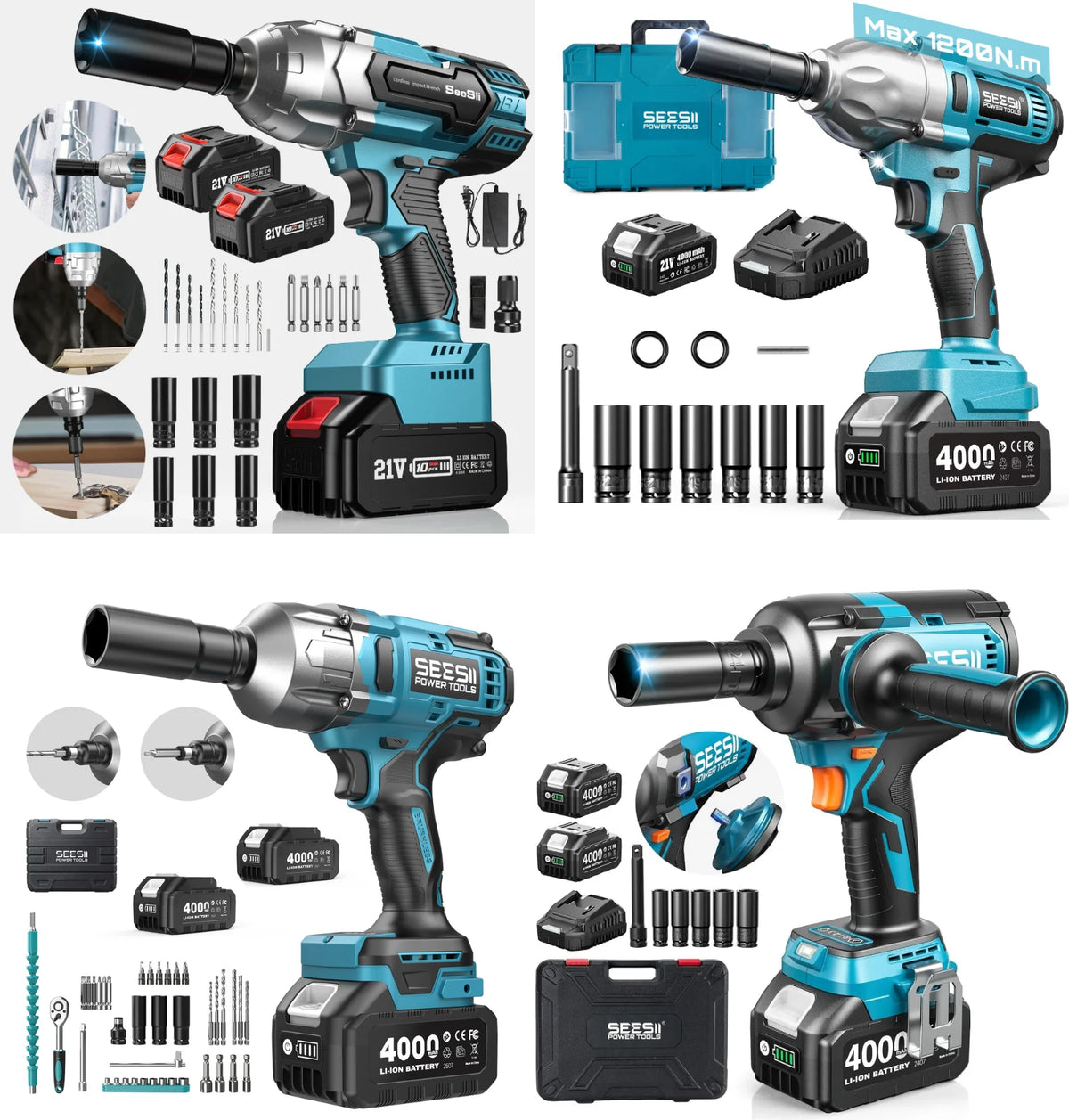 Seesii Cordless Brushless Impact Wrench Drill Driver Kit