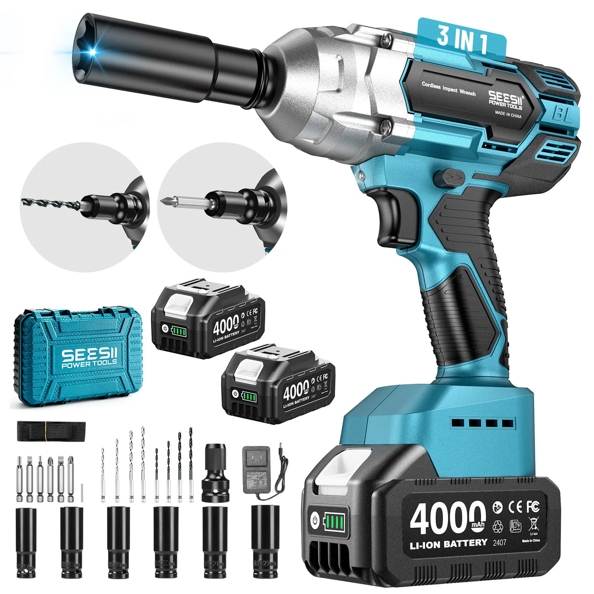 SEESII 3-in-1 Cordless Brushless Impact Wrench Drill Screwdriver Kit
