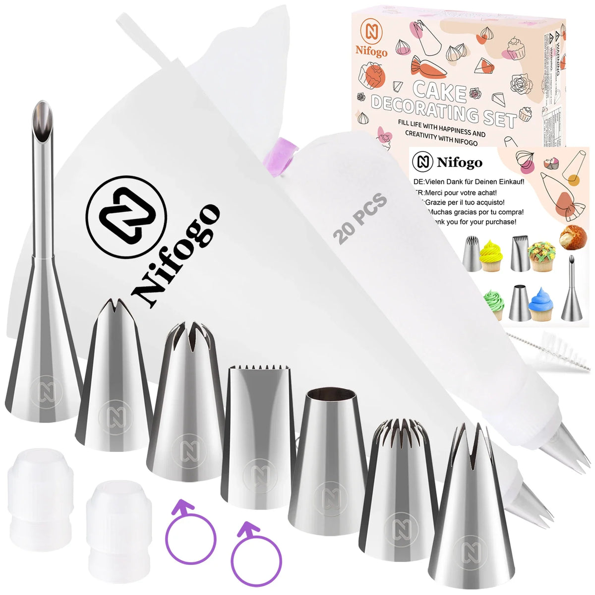 Cake Decorating Kit With Reusable Piping Bags And Icing Nozzles
