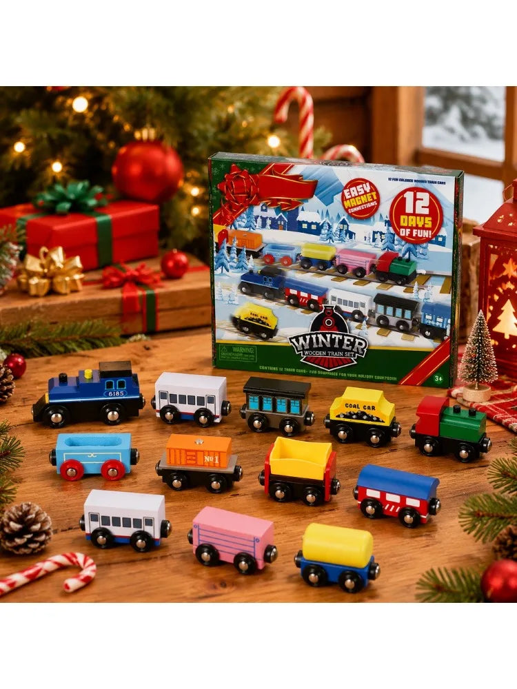 Joyfy Wooden Train Advent Calendar With Magnetic Cars Christmas Gift