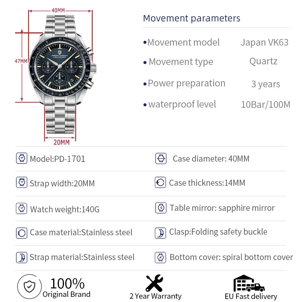 PAGANI DESIGN 1701 Moon Men's Sapphire Glass Chronograph Quartz Watch