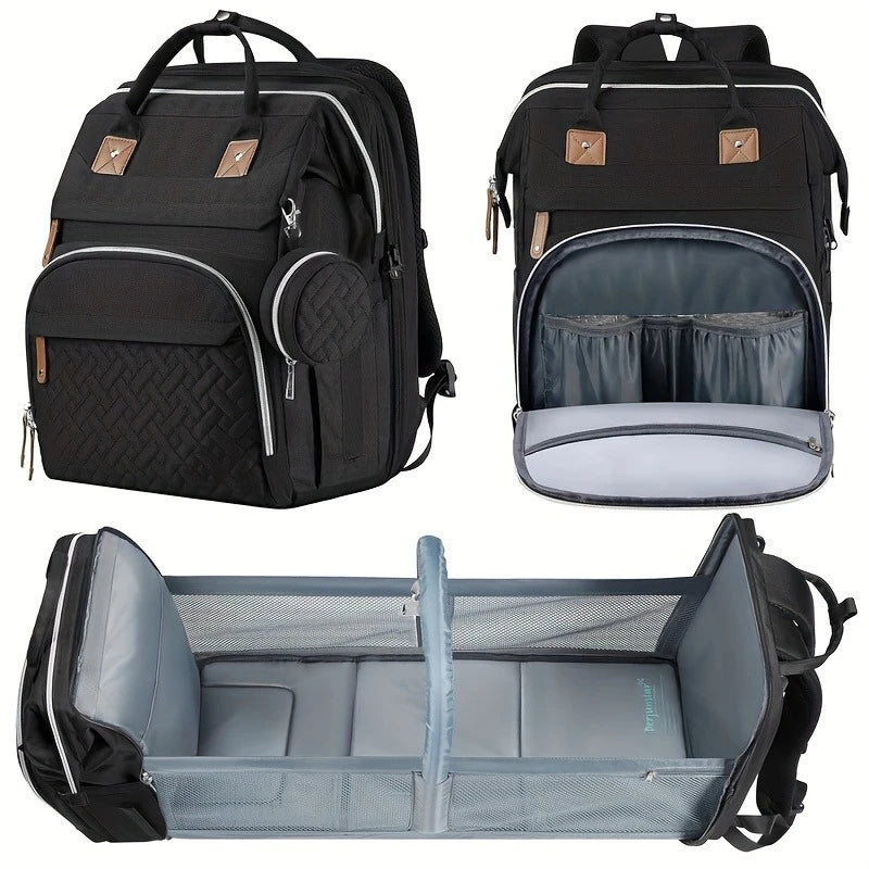 Diaper Backpack With Foldable Changing Bed And Insulated Bottle Pocket