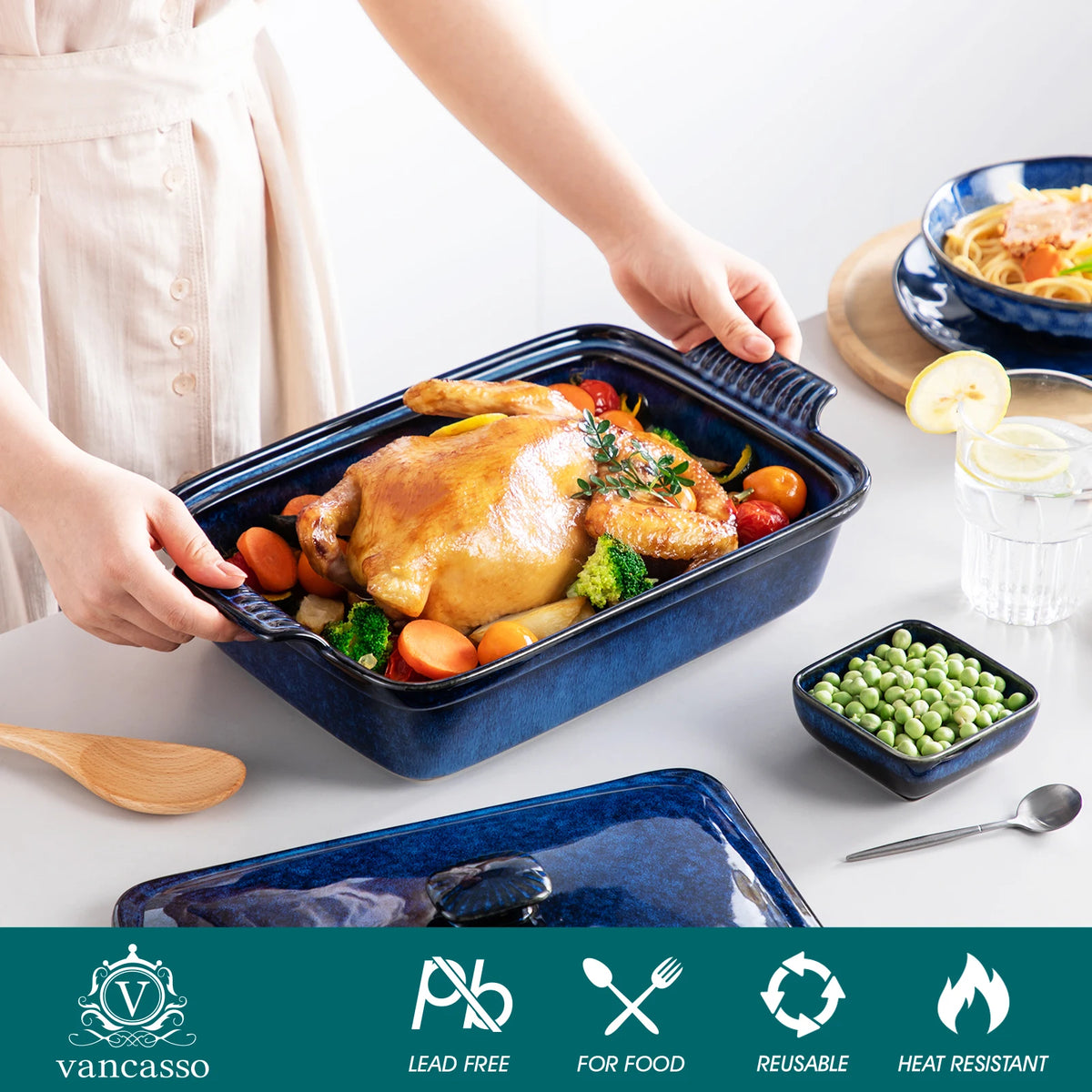 MALACASA Porcelain Covered Casserole Dish For Baking With Lid
