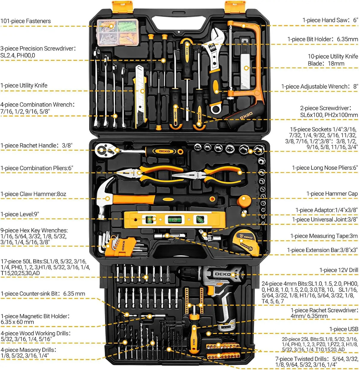 DEKO Home Mechanic Toolbox Cordless Drill And Repair Kit