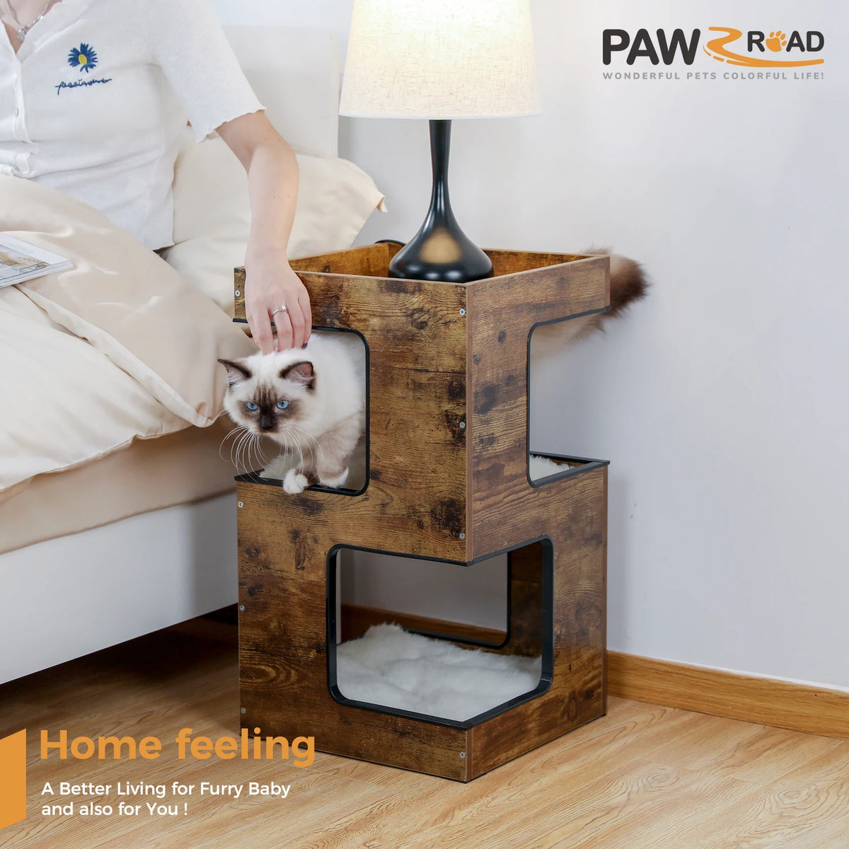 PAWZ Road Wooden Cat Condo With Scratching Pad And Bed