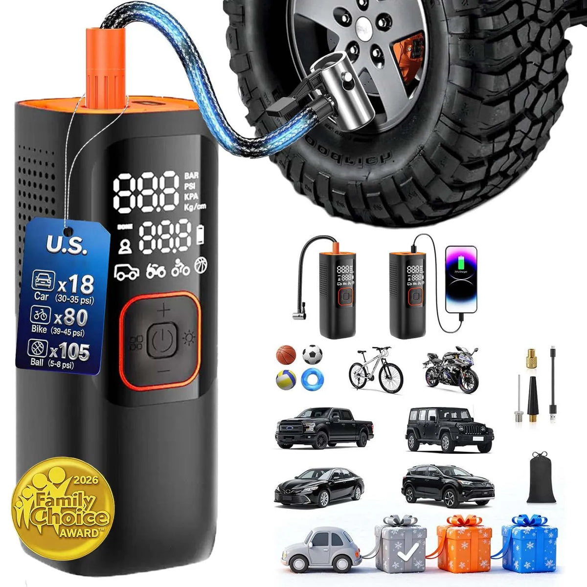 Portable Cordless Tire Inflator With Digital Gauge And Emergency LED Light