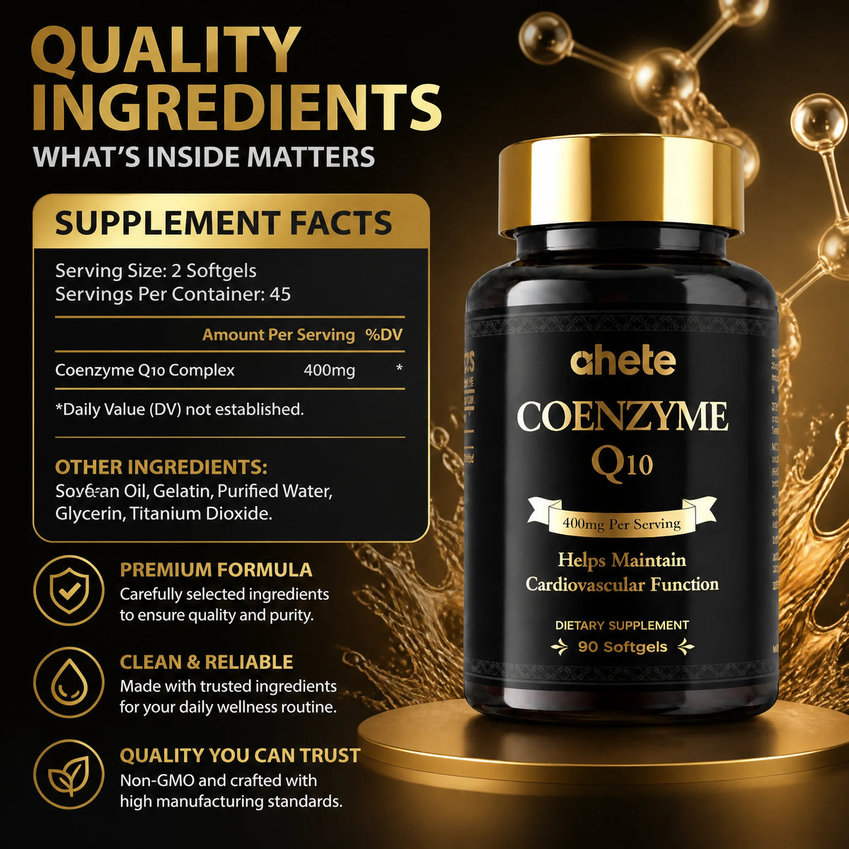 Ahete GMP Grade CoQ10 Softgels Antioxidant Cardiovascular Health Supplement