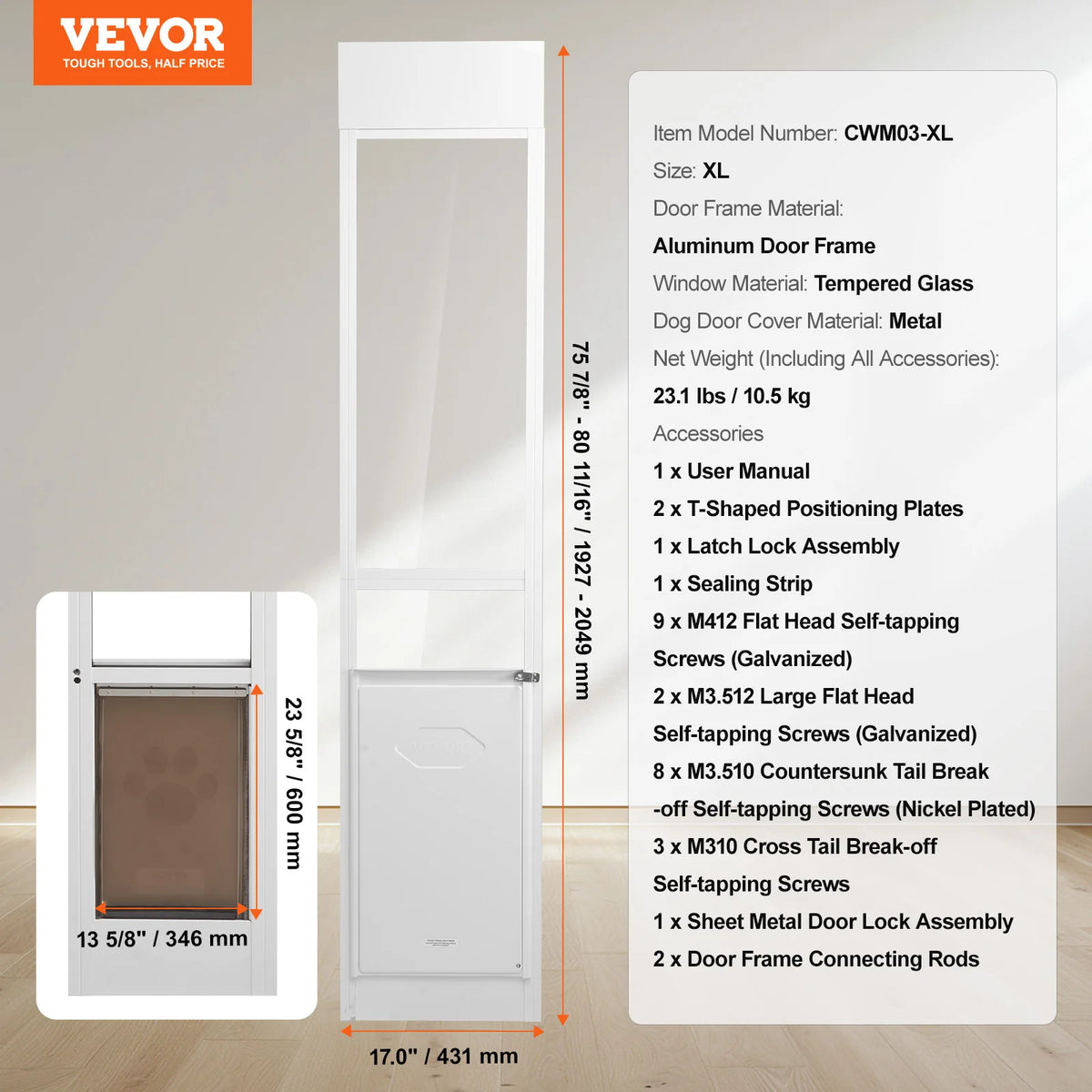 SucceBuy Sliding Glass Door Pet Door Adjustable Height Aluminum Frame