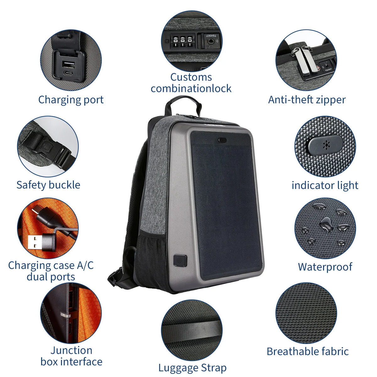 Solar Powered Waterproof Hard Shell Laptop Backpack With USB Charging
