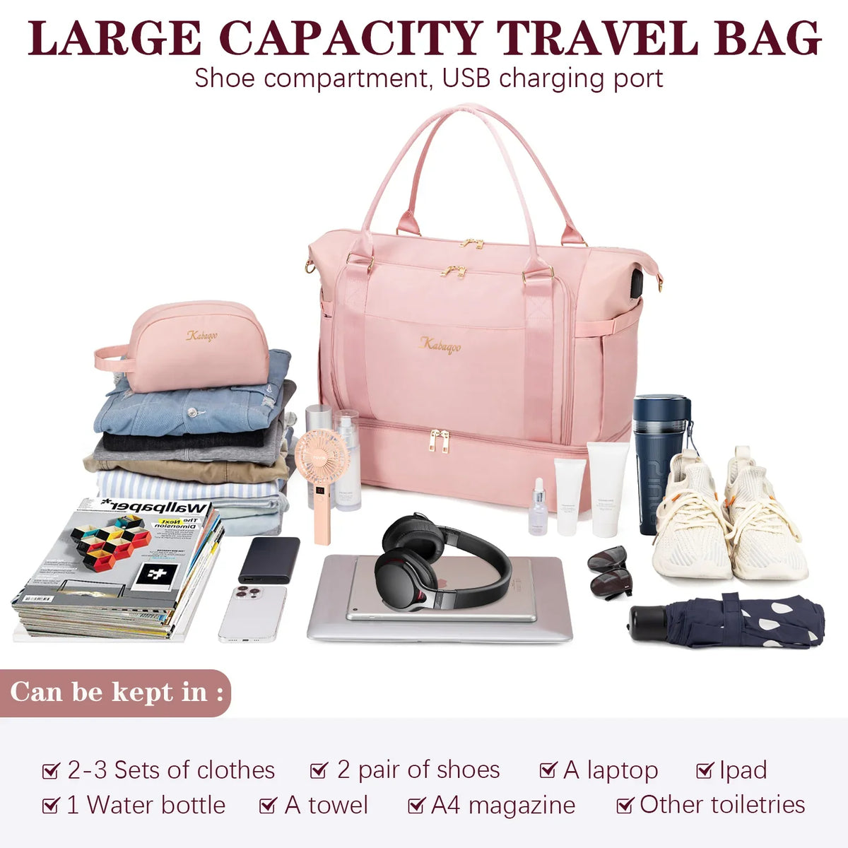 Kabaqoo Waterproof Travel Bag With Wet Dry Compartments USB Port