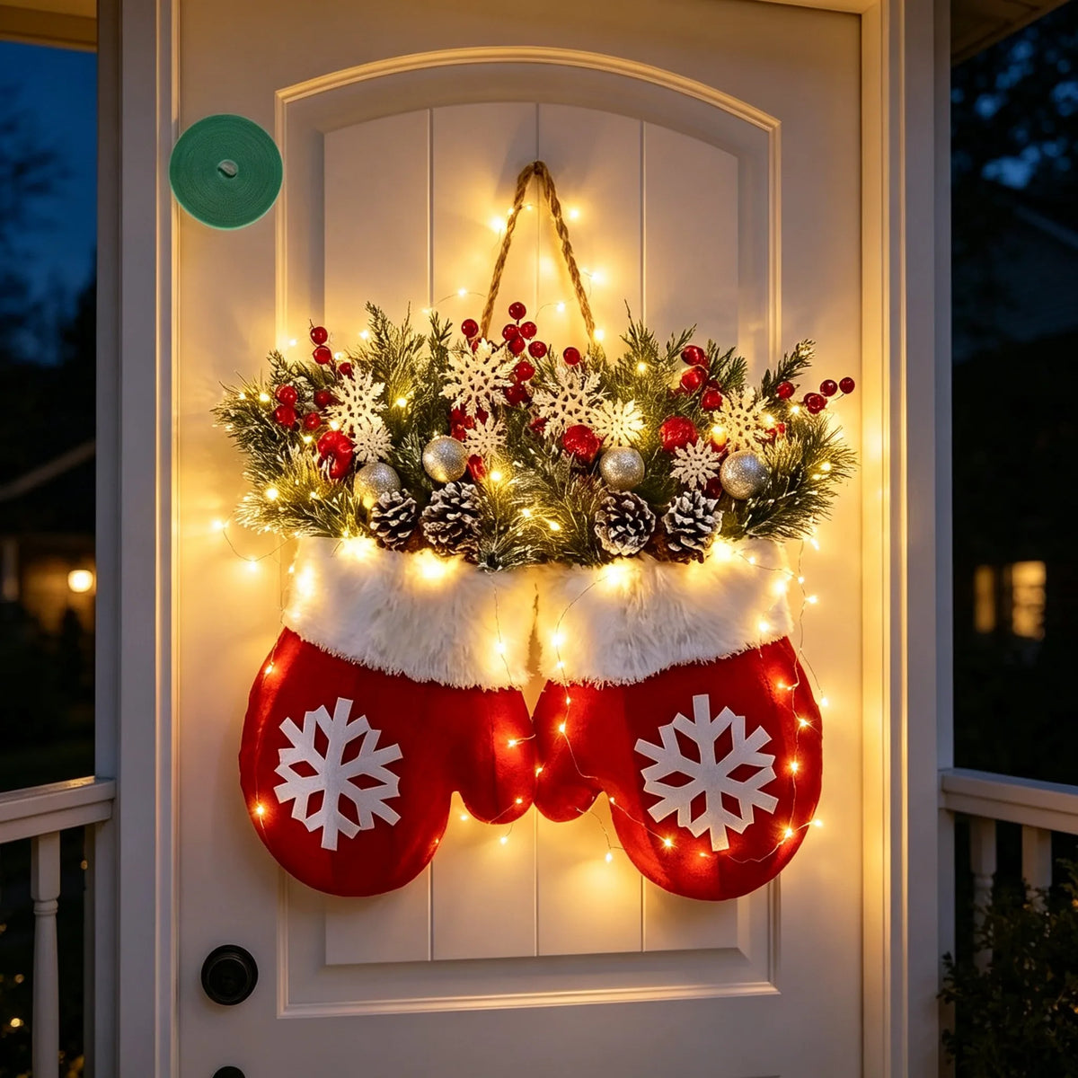 Christmas Mitten Wreath With Red Berries And Pine Branches