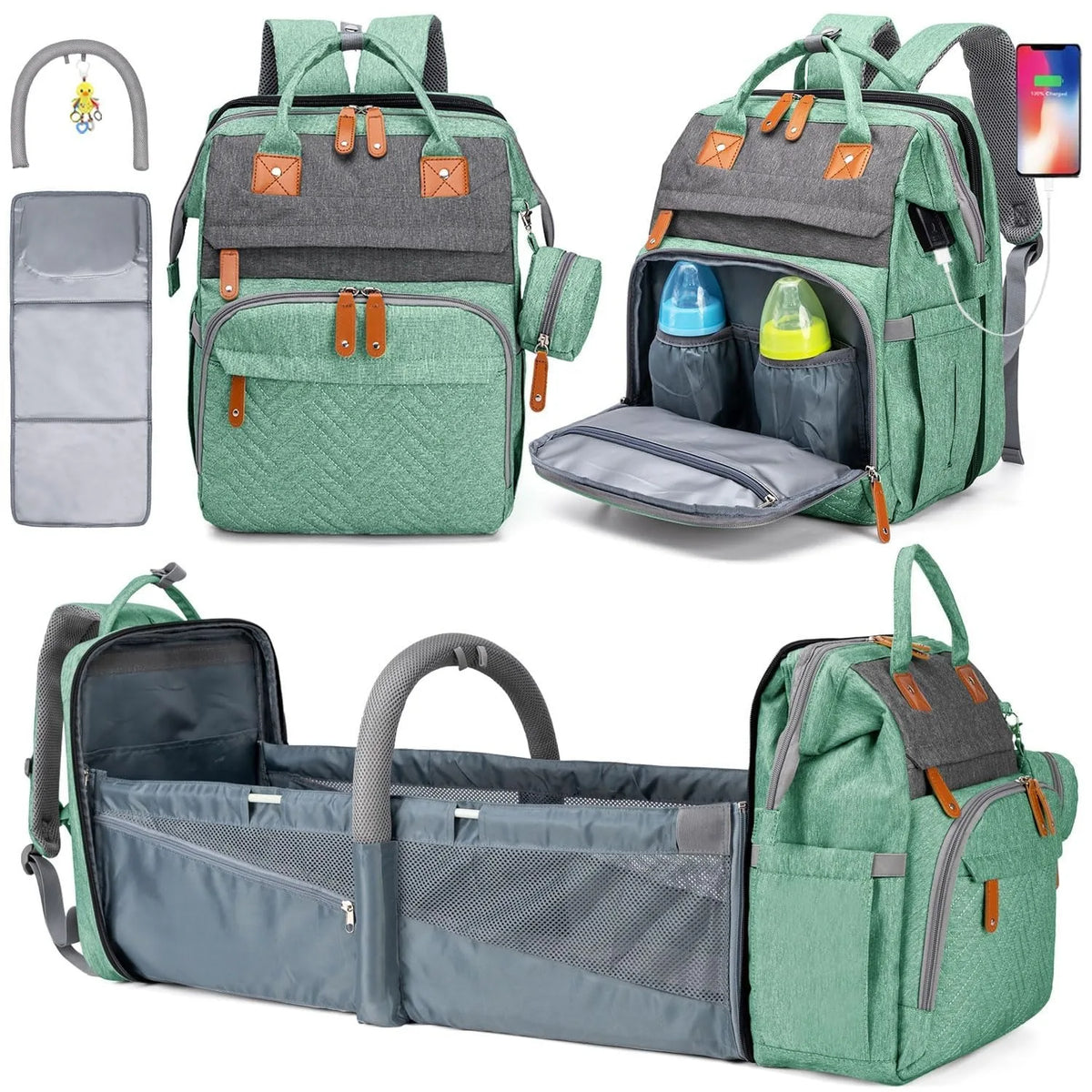 Diaper Backpack With Foldable Changing Bed And Insulated Bottle Pocket