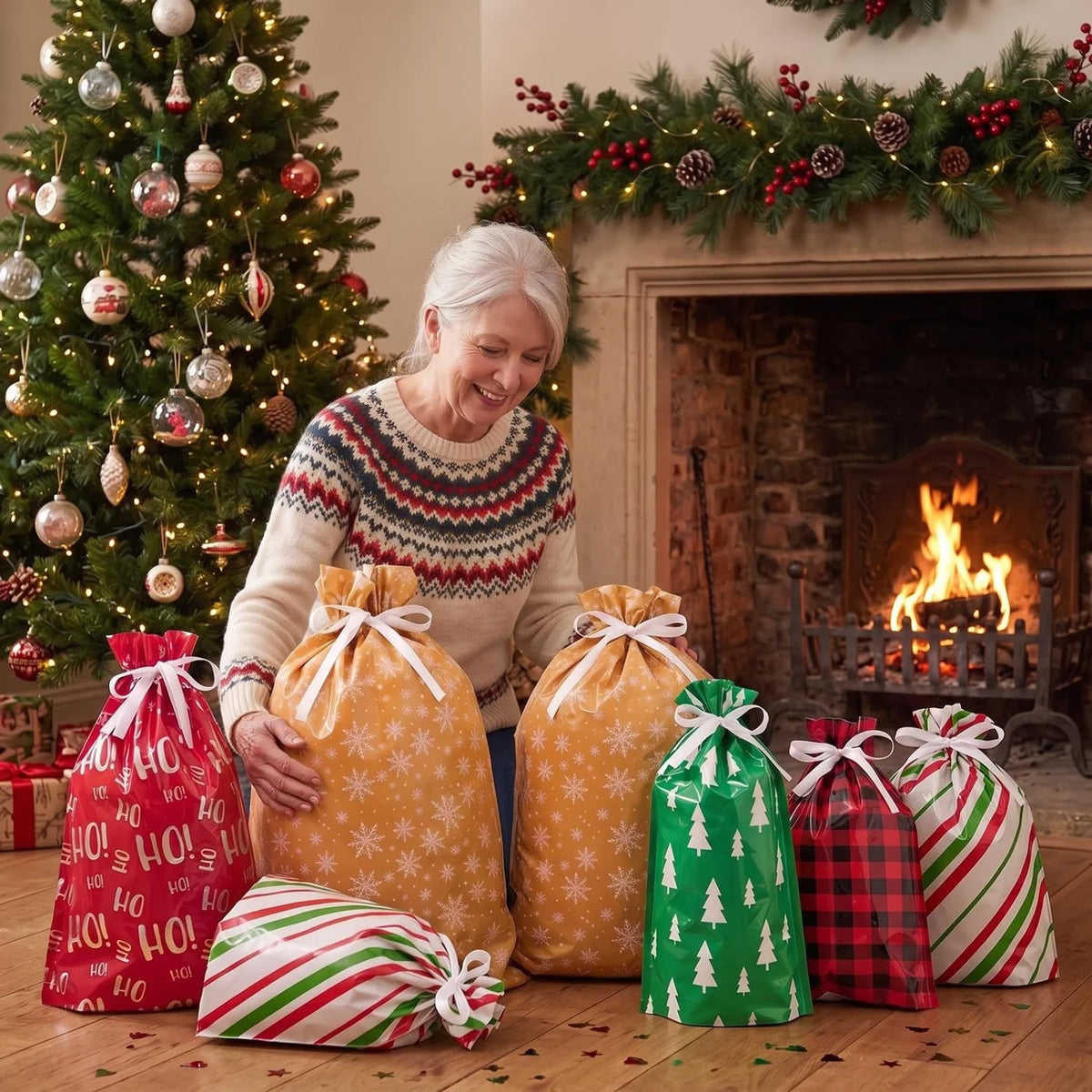 Joyfy Christmas Reusable Plastic Gift Bags For Presents And Favors