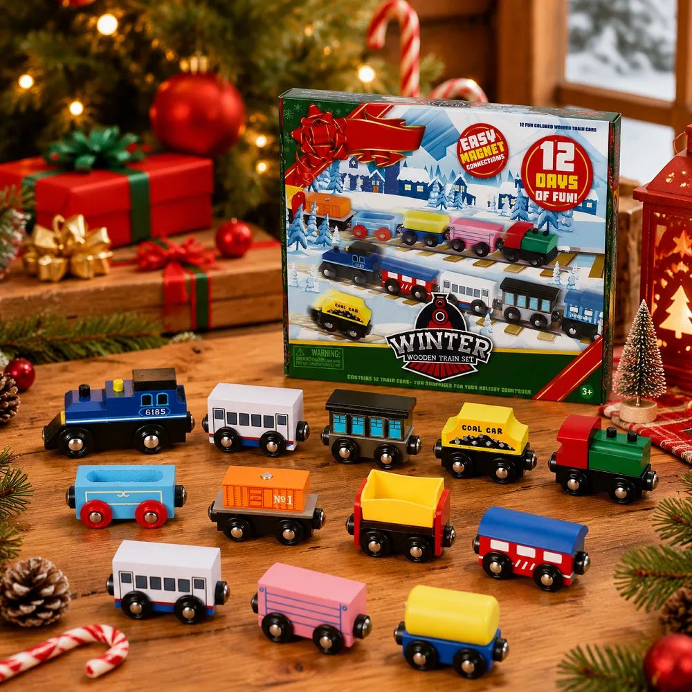 Joyfy Wooden Train Advent Calendar With Magnetic Cars Christmas Gift