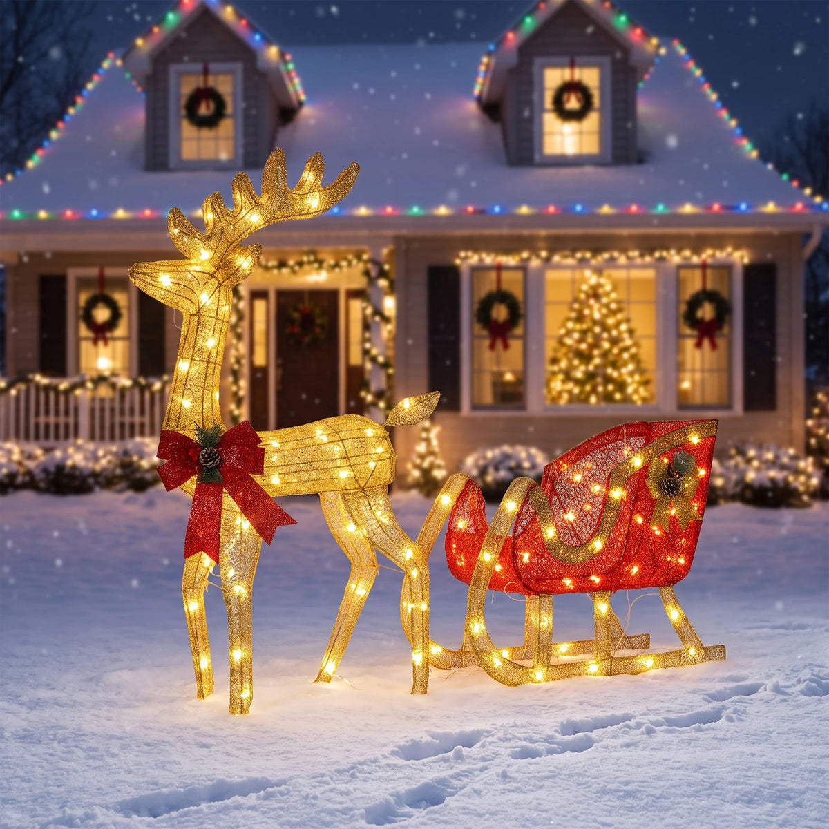 Lighted Christmas Reindeer And Sleigh Outdoor Holiday Decoration