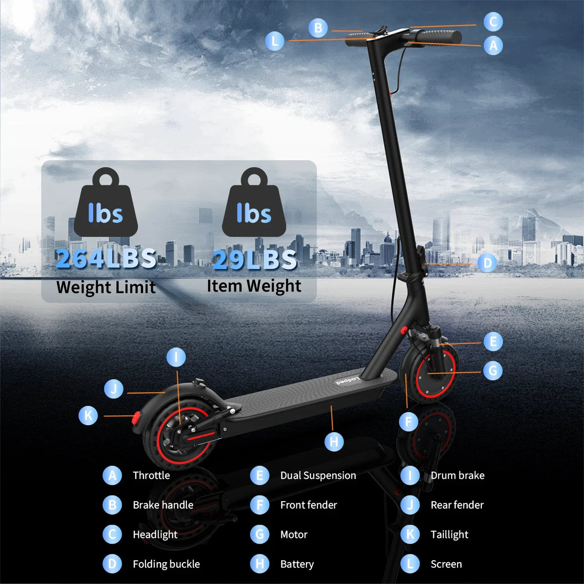 Ladped 350W Electric Scooter With Smart App And Dual Suspension