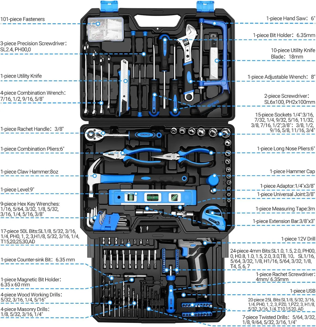 DEKO Home Mechanic Toolbox Cordless Drill And Repair Kit