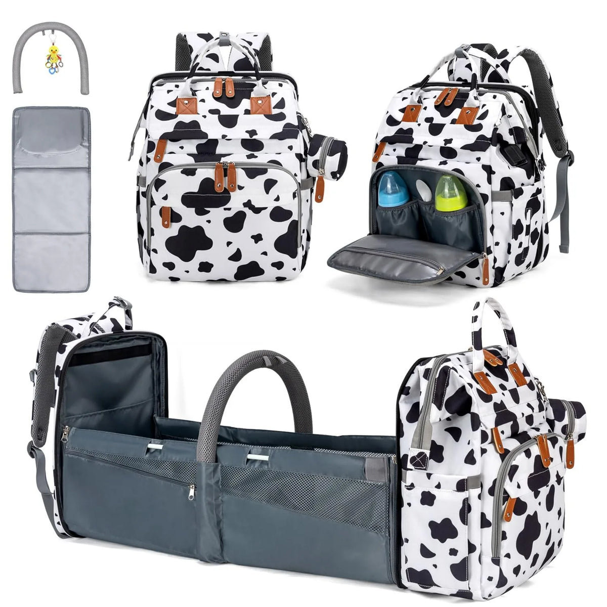 Diaper Backpack With Foldable Changing Bed And Insulated Bottle Pocket