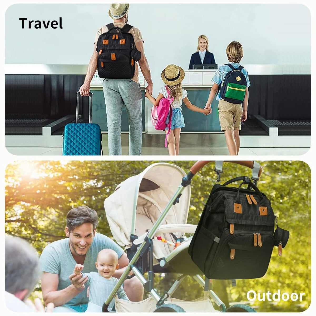 Diaper Backpack With Foldable Changing Bed And Insulated Bottle Pocket
