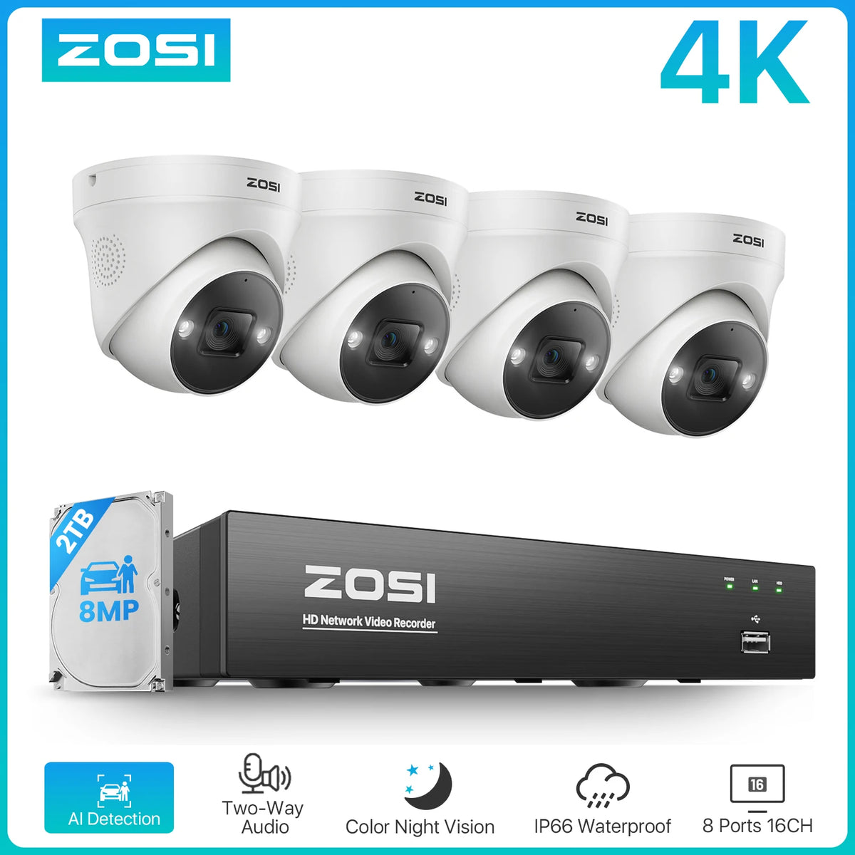 ZOSI 8MP PoE Camera System AI Detection And Night Vision