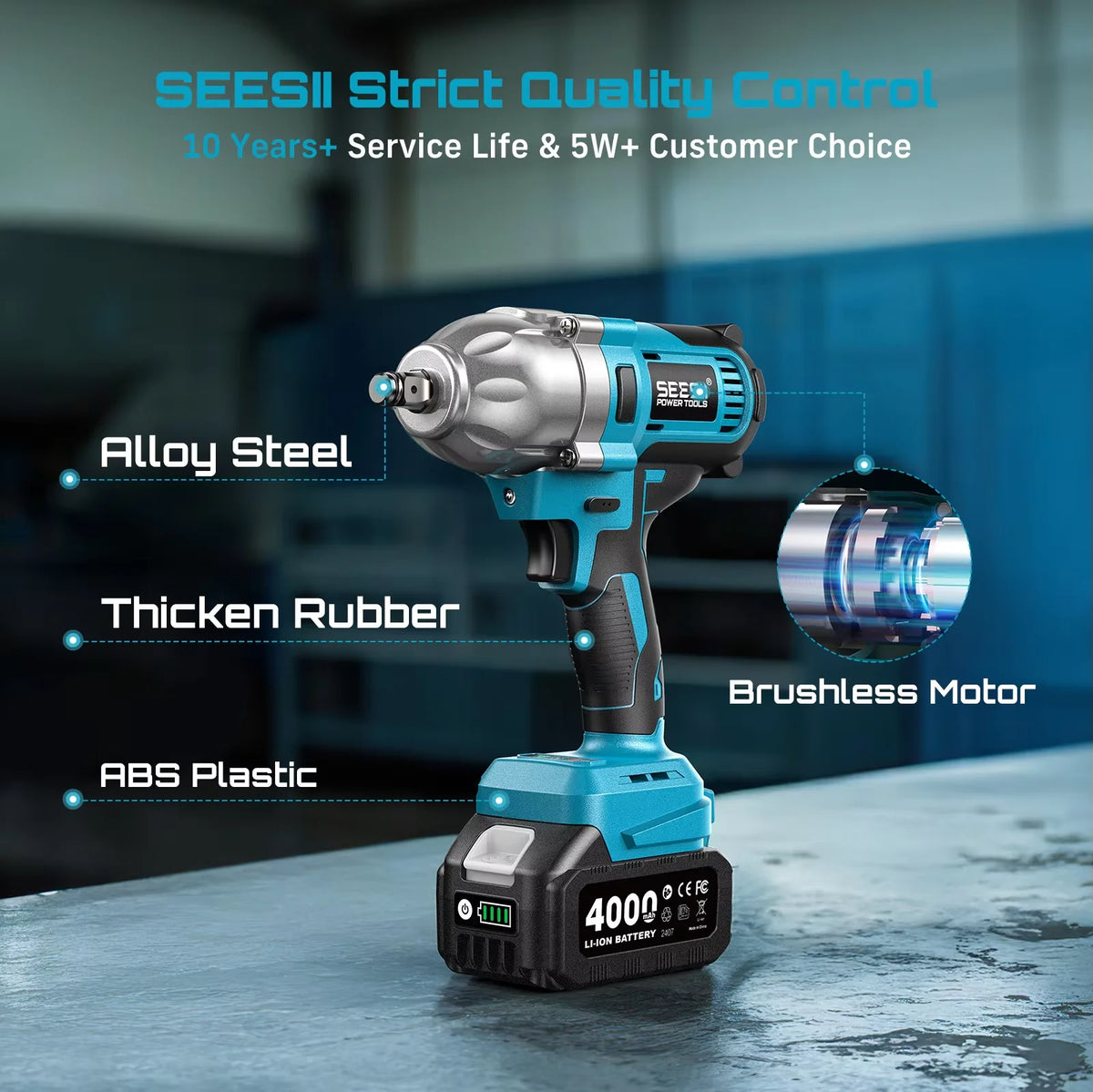 Seesii Brushless Cordless Impact Wrench With LED Light Kit