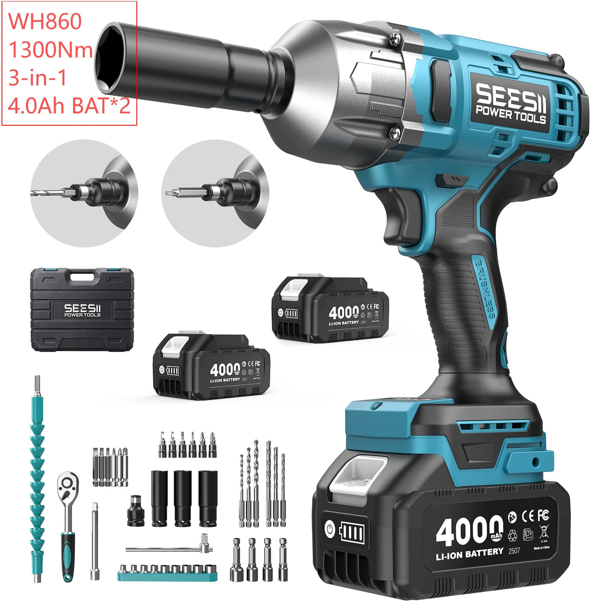 Seesii Cordless Brushless Impact Wrench Drill Driver Kit