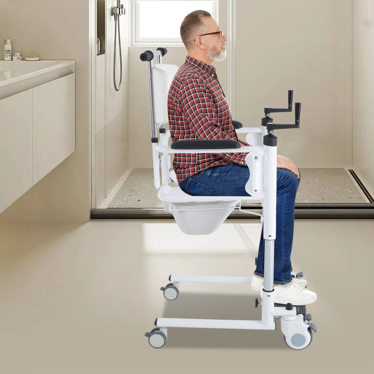 Multifunctional Height Adjustable Patient Transfer Chair with Commode Support