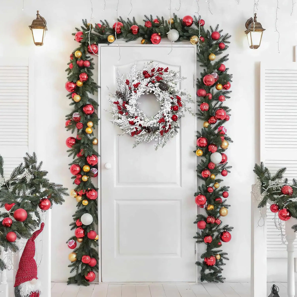 Snow Flocked Christmas Wreath With Red Berries And Pinecones