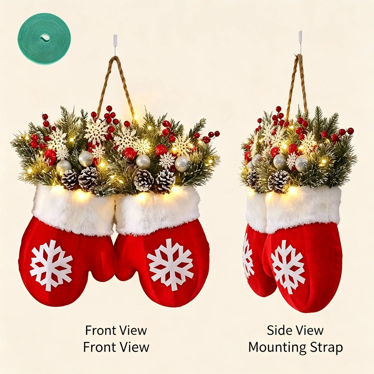 Christmas Mitten Wreath With Red Berries And Pine Branches
