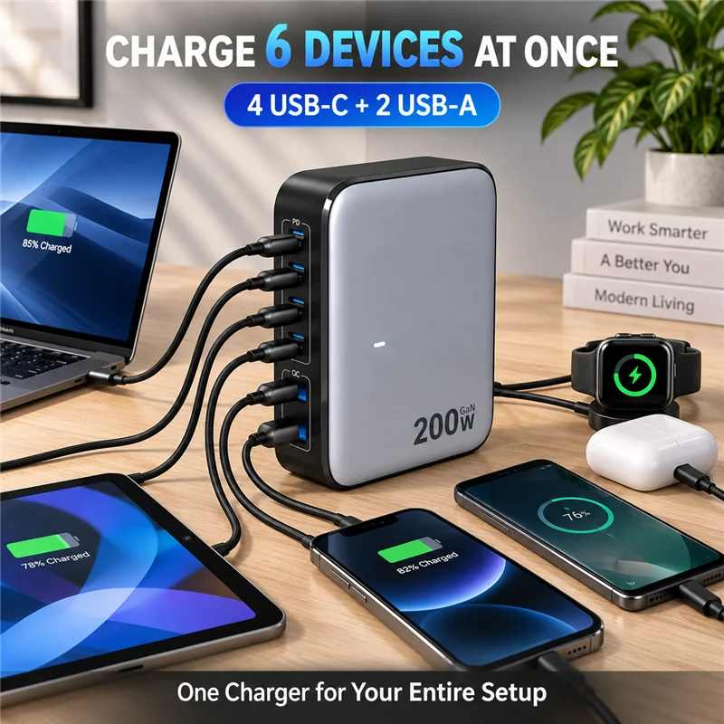 Desktop Charger With Five USB Ports For Phones And Laptops