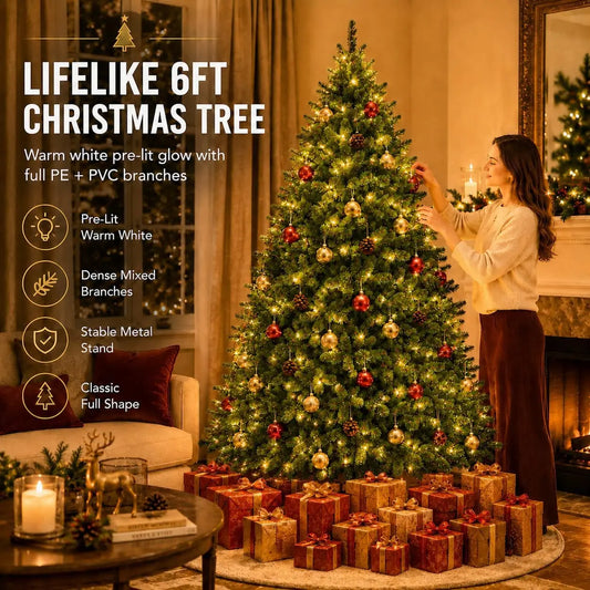 Dense Artificial Christmas Tree With LED Lights And Metal Stand
