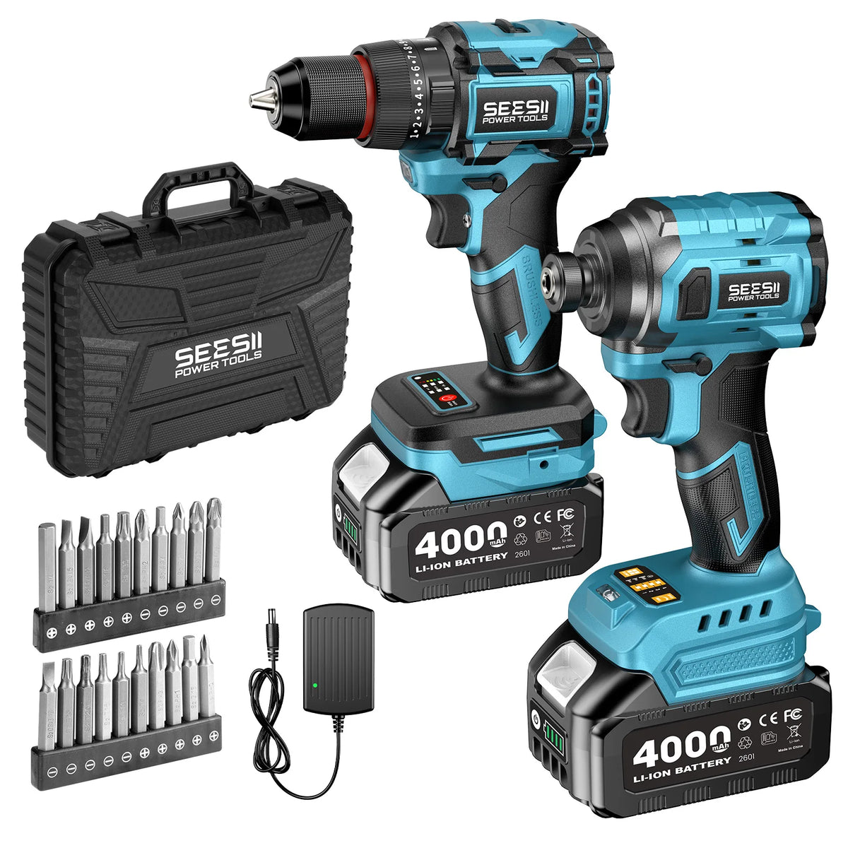 Seesii 21V Brushless Cordless Drill And Impact Driver Tool Kit