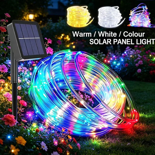 New 1 Pack of 100 LED Solar String Lights. Waterproof Tubular Rope Lights for Outdoor Gardens. The Fairy Wreath Lights Are Powered by Solar Energy and Are Perfect for Christmas Parties, Festivals, and Outdoor Landscape Decora