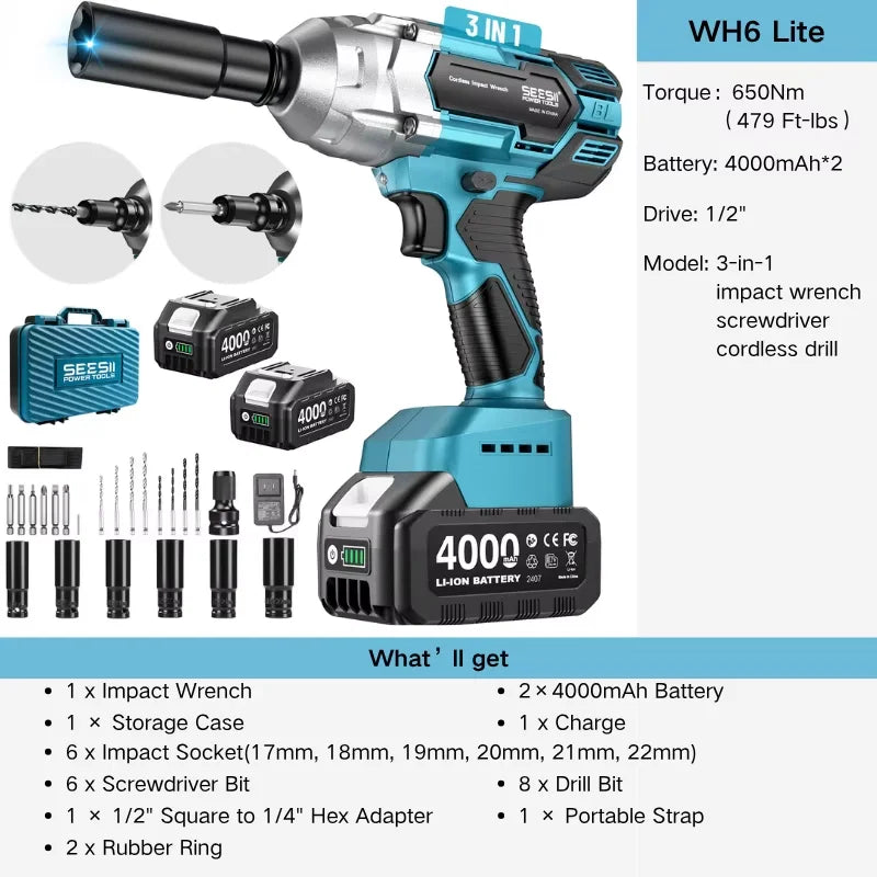 SEESII 3-in-1 Cordless Brushless Impact Wrench Drill Screwdriver Kit