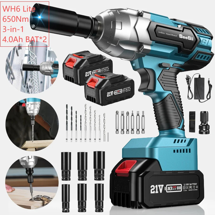 Seesii Cordless Brushless Impact Wrench Drill Driver Kit