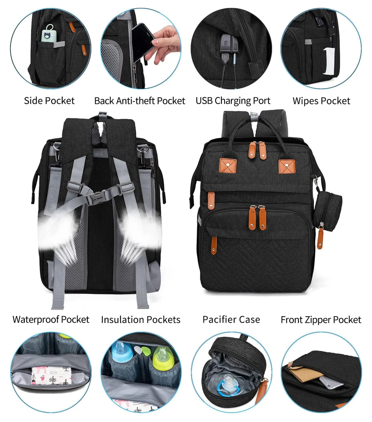 Diaper Backpack With Foldable Changing Bed And Insulated Bottle Pocket