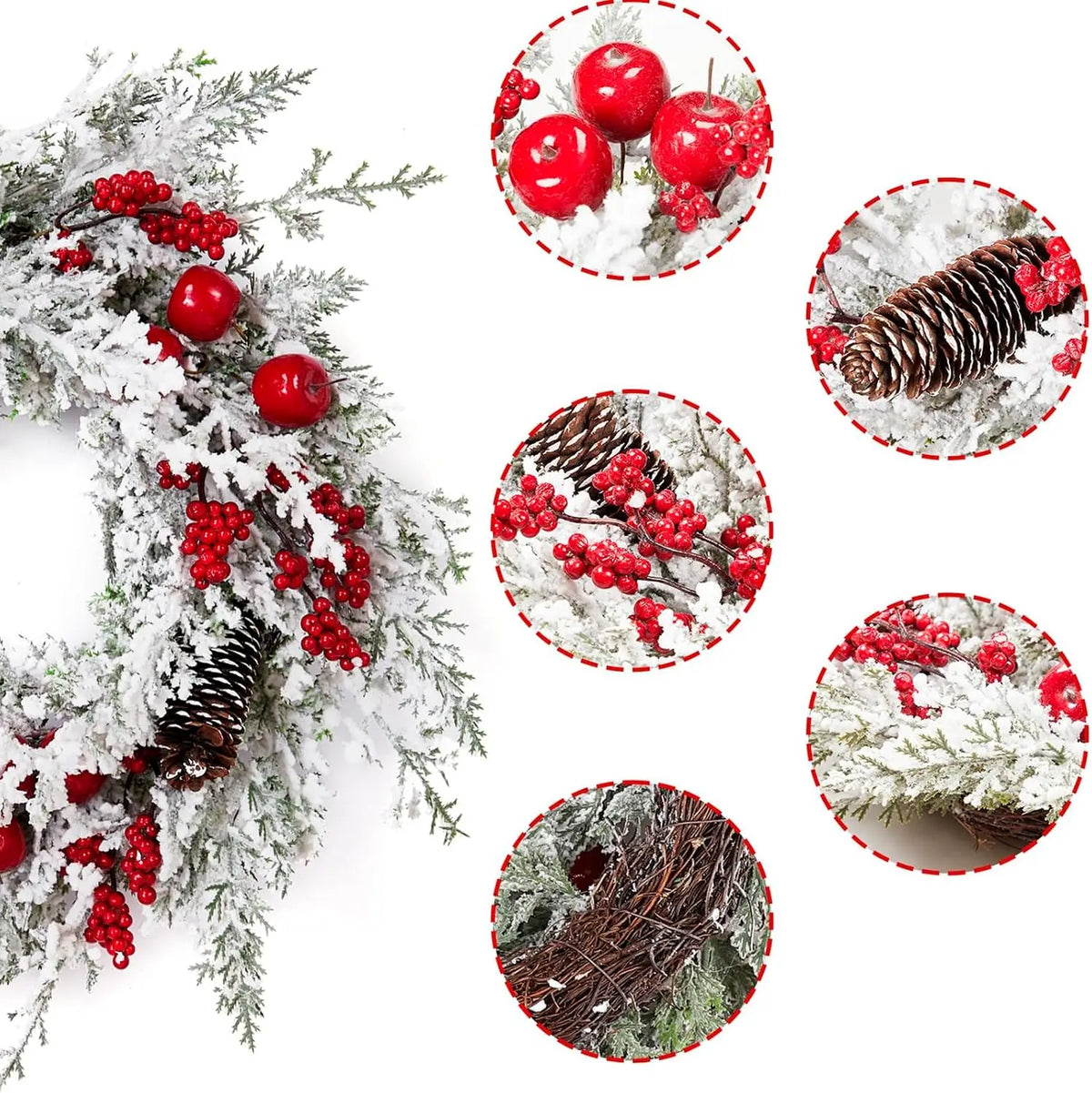Snow Flocked Christmas Wreath With Red Berries And Pinecones