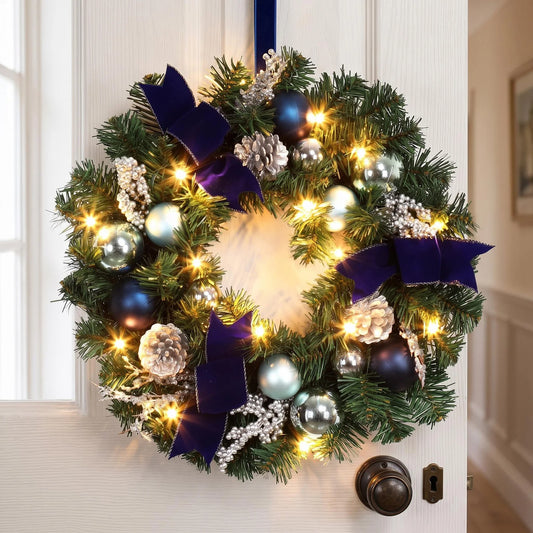 18 Inch Lighted Christmas Wreath For Front Door With 15 Warm Led Lights Blue Silver Ornaments Velvet Bows Winter Porch Wall Decor