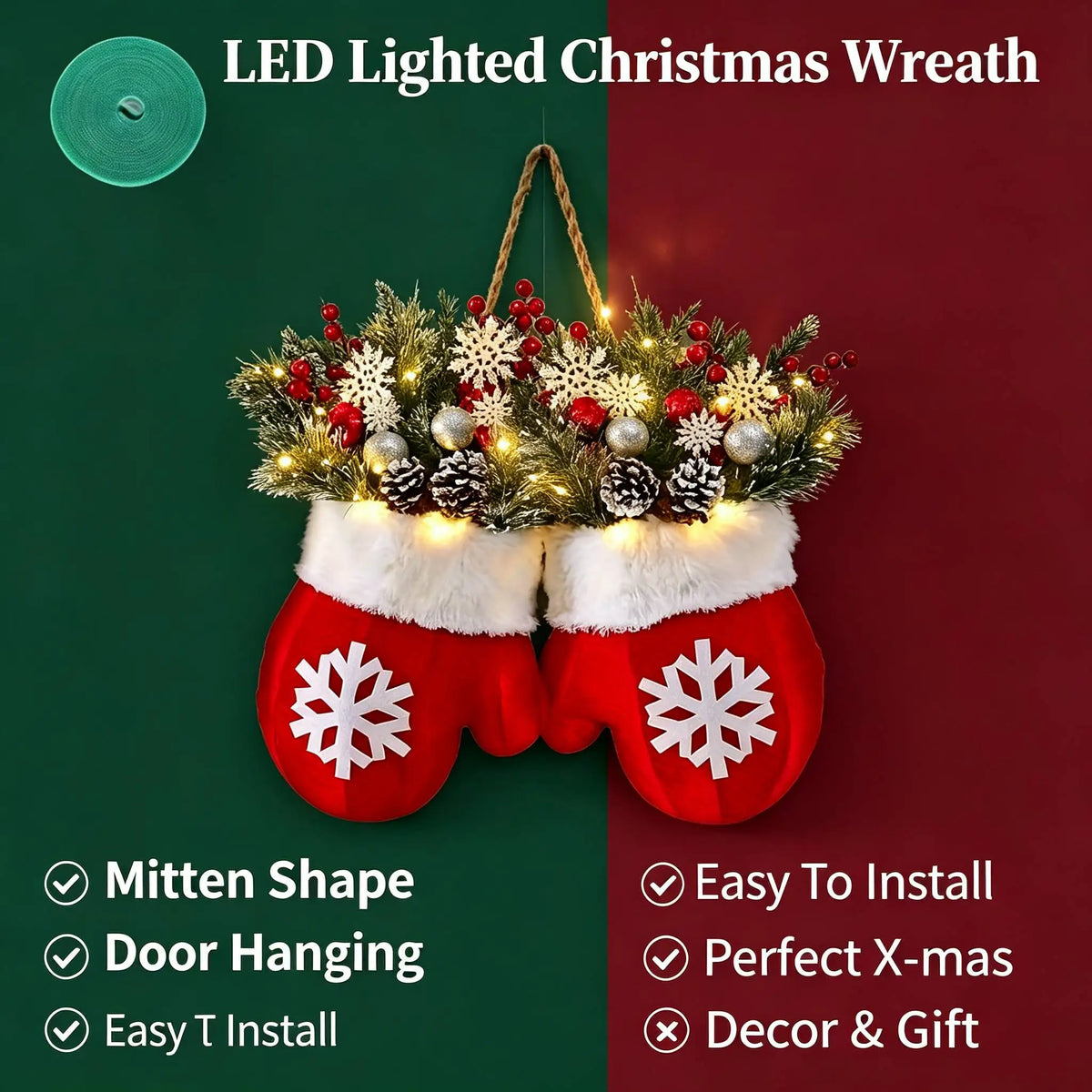 Christmas Mitten Wreath With Red Berries And Pine Branches