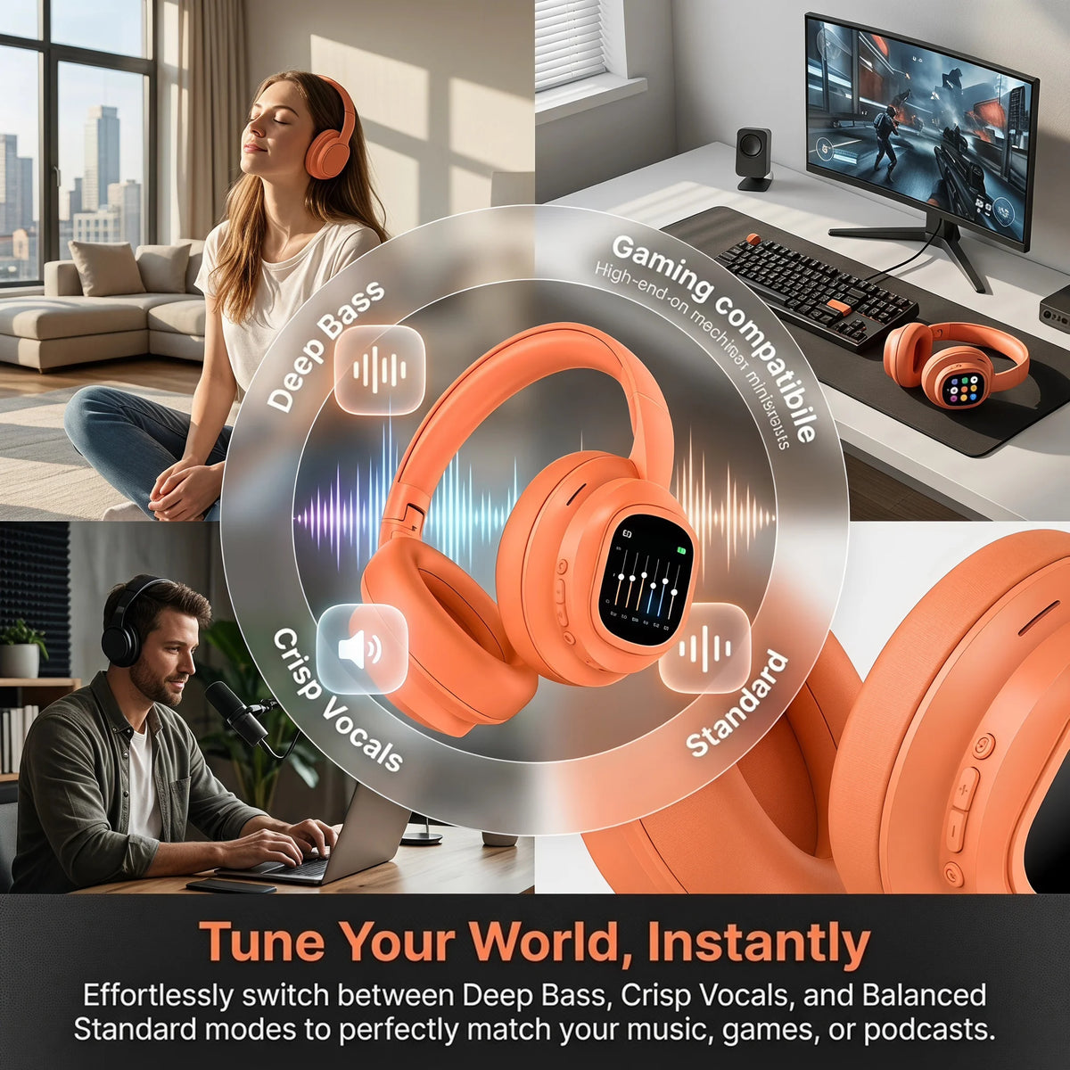 Bluetooth Over Ear Headphones With Magnetic Touchscreen Noise Cancellation