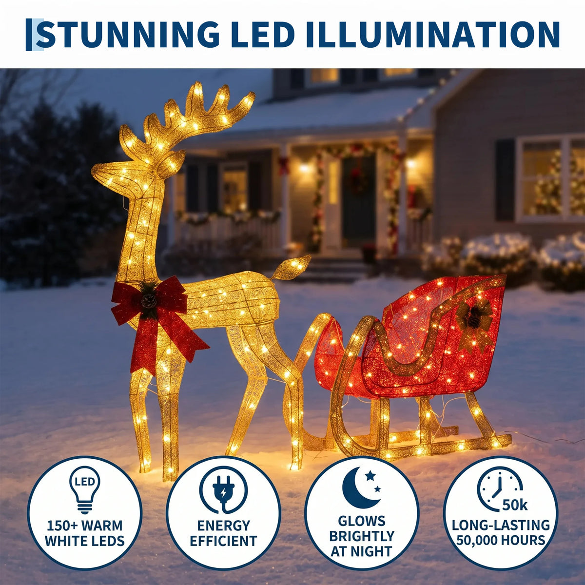 Lighted Christmas Reindeer And Sleigh Outdoor Holiday Decoration