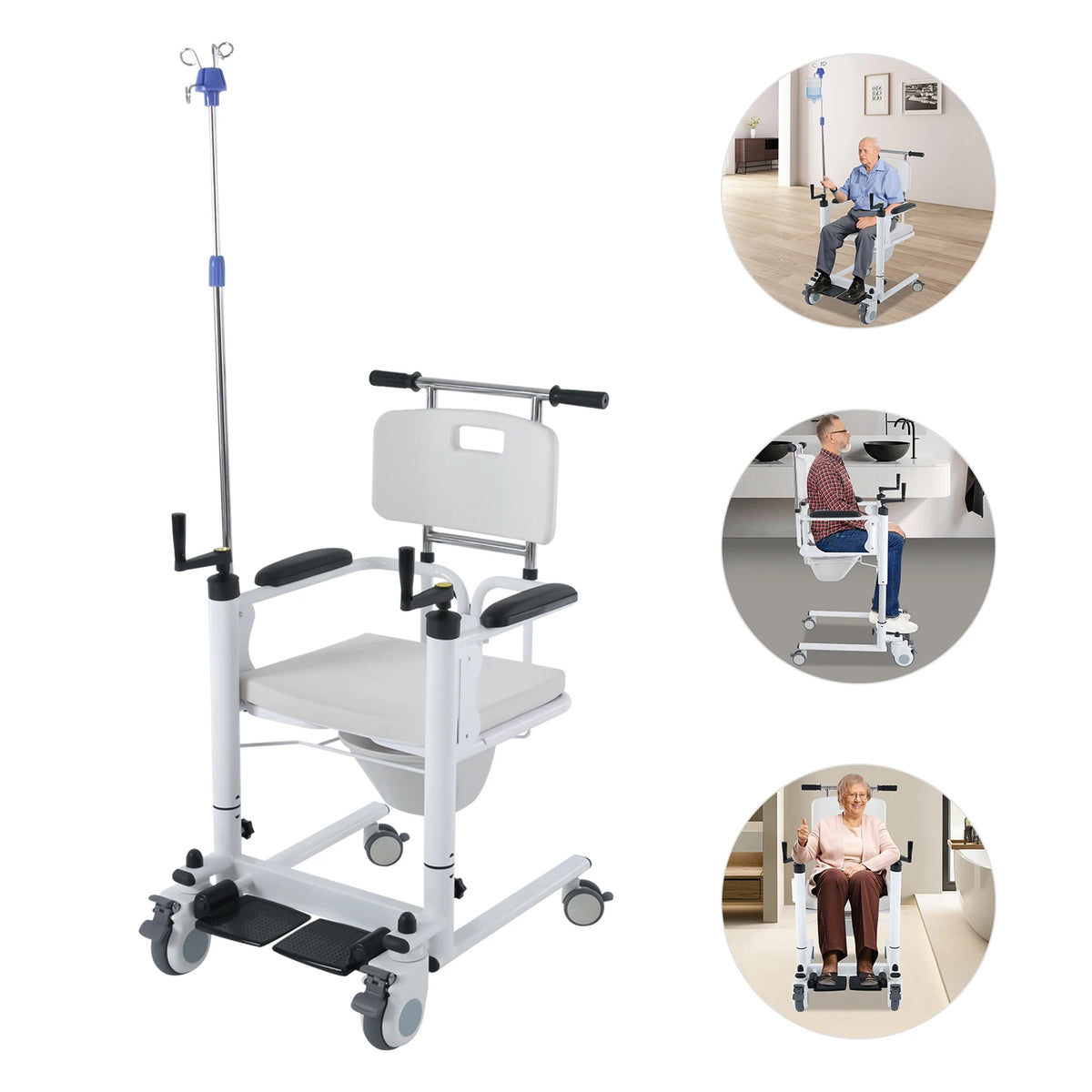 Multifunctional Height Adjustable Patient Transfer Chair with Commode Support