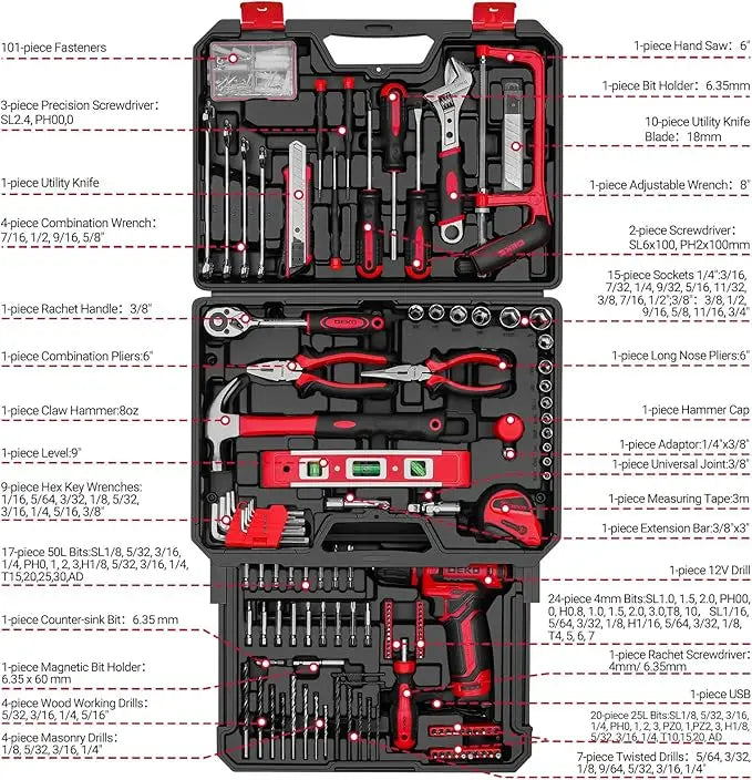 DEKO Home Mechanic Toolbox Cordless Drill And Repair Kit